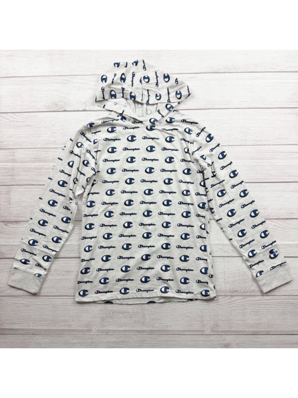 Champion Authentic Athleticwear Allover Logo Print Hoodie Gray Lightweight L